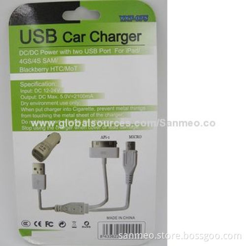 3-in-1 Dual USB Port Car Charger for iPhone/iPad/Micro USB, Simple Clean/Fashionable DesignNew